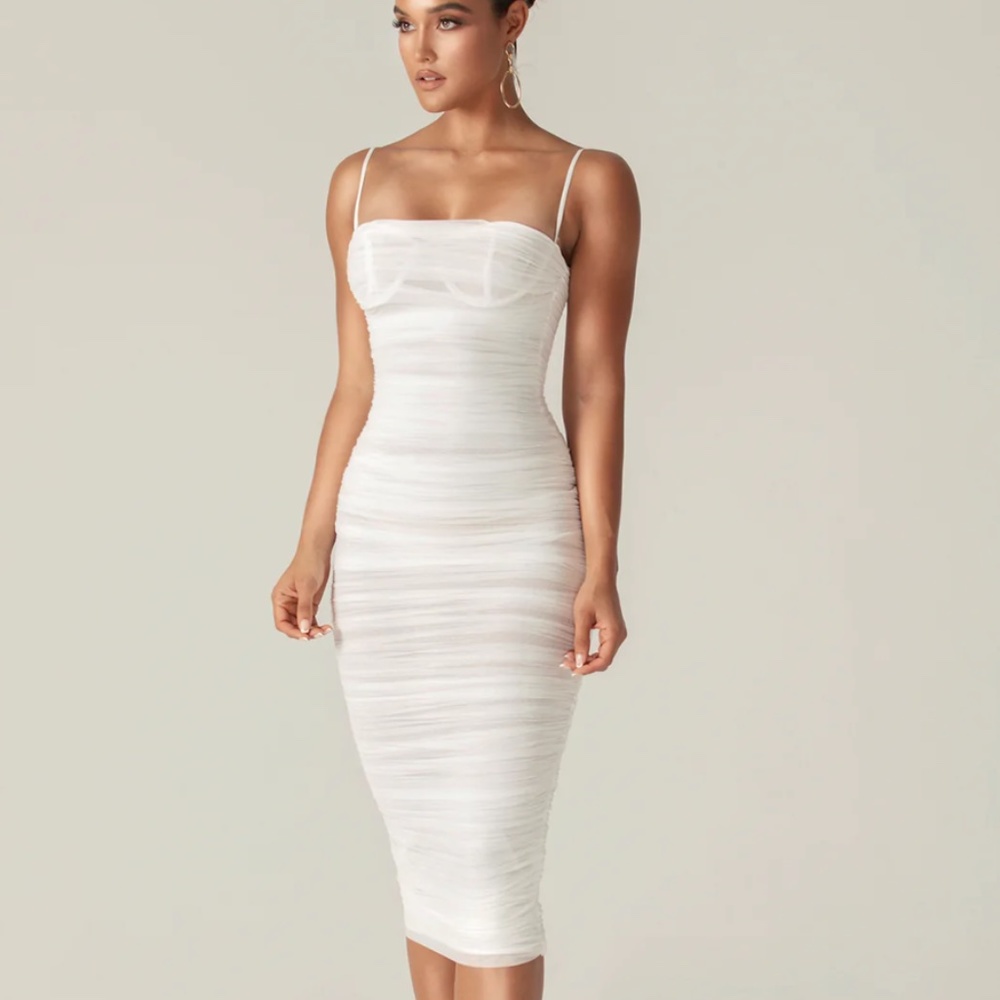 Super Sexy! ALIEVA JUSTINA Ruched DRESS Organza MIDI Mesh Dress Off-White M